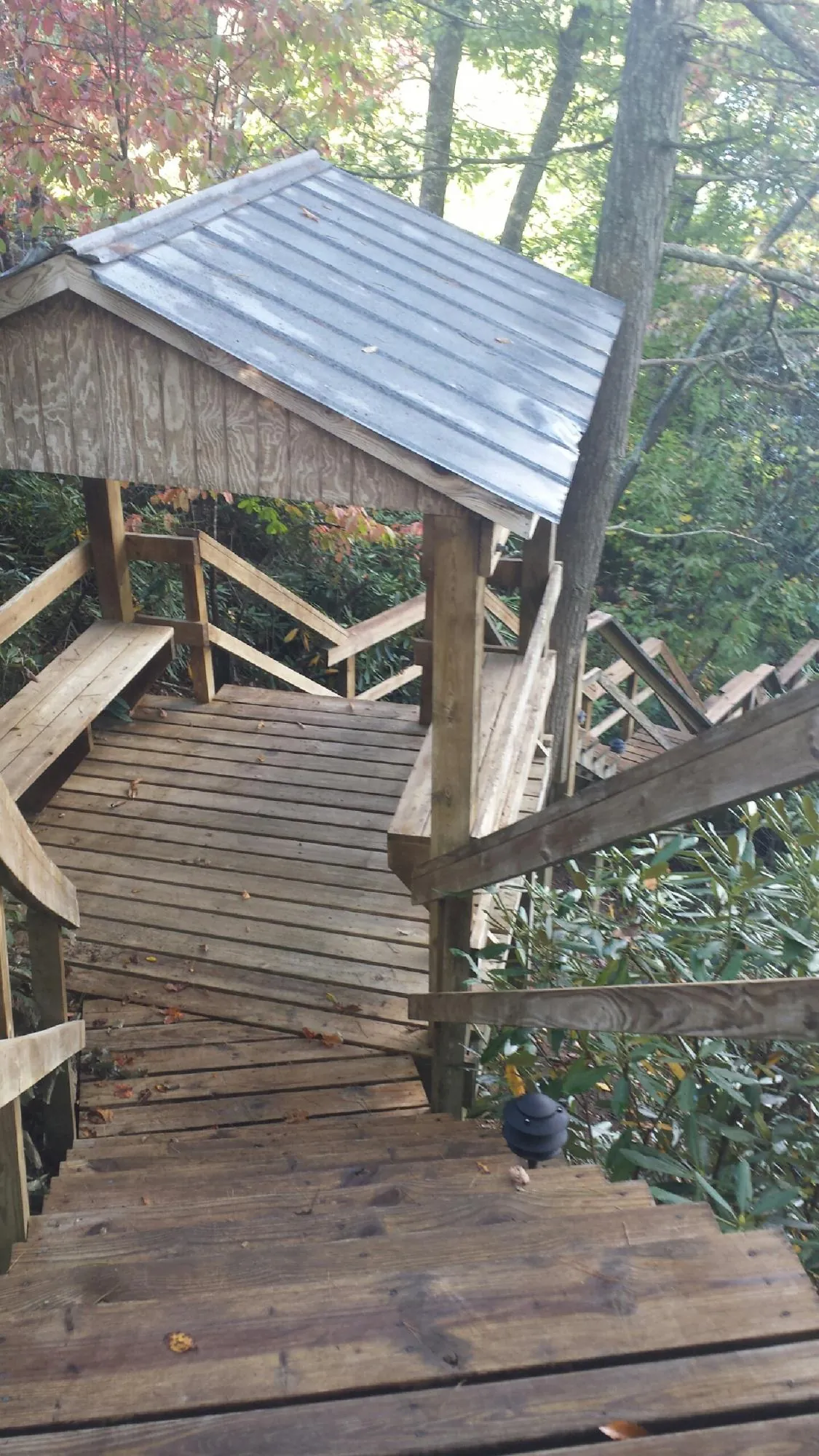 Metal roofed shelter over wooden steps on a wooded walkway — Skylight Repair & Installation work by our crew in Bloomville
